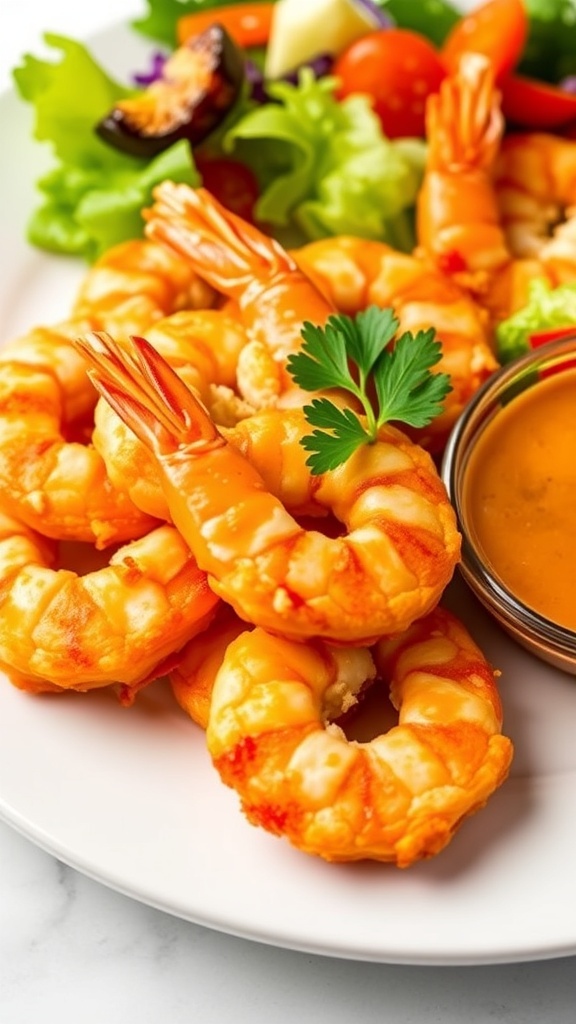 Crispy Air Fryer Shrimp Recipe (Gluten-Free) Crispy air fryer shrimp on a plate, garnished with parsley and served with dipping sauce.